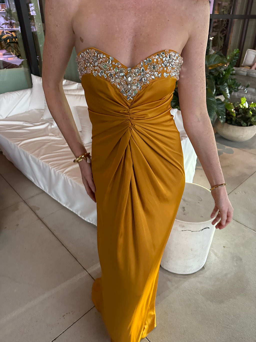 PATBO HAND BEADED STRAPLESS GOWN IN MUSTARD – Big Drop NYC