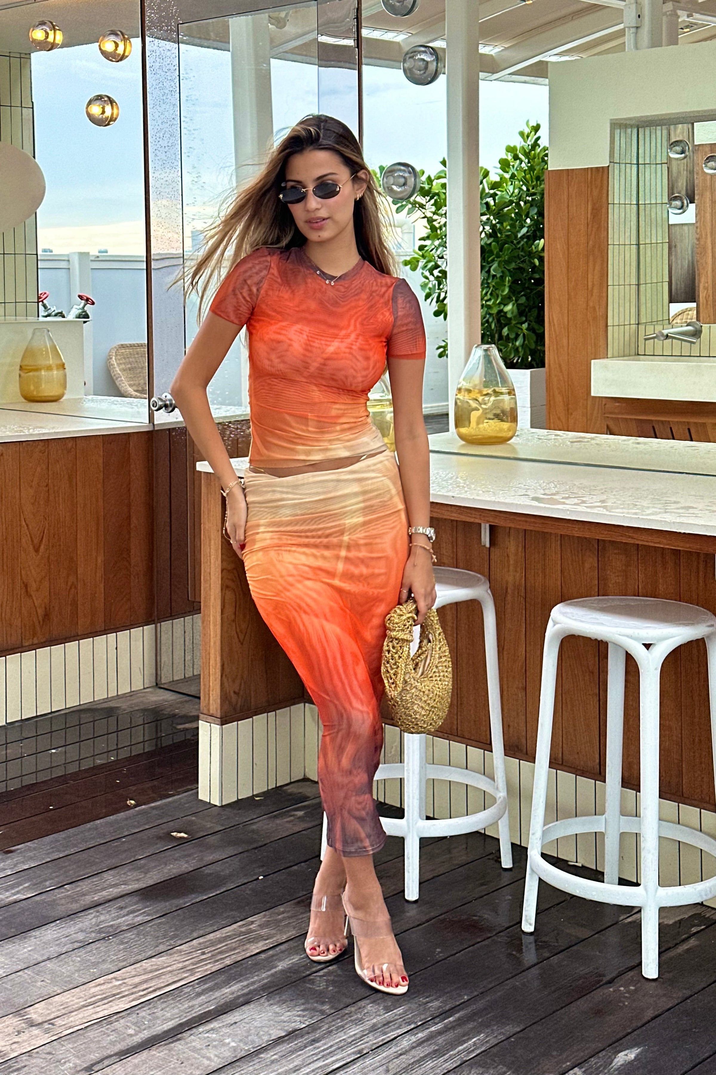 SER.O.YA NIA MESH MIDI SKIRT IN SUNSET PALM-BOTTOM-SEROYA-Big Drop NYC