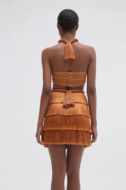 PATBO PAMPAS FRINGE CUT OUT MINI DRESS IN BRONZE