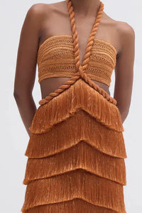 PATBO PAMPAS FRINGE CUT OUT MINI DRESS IN BRONZE