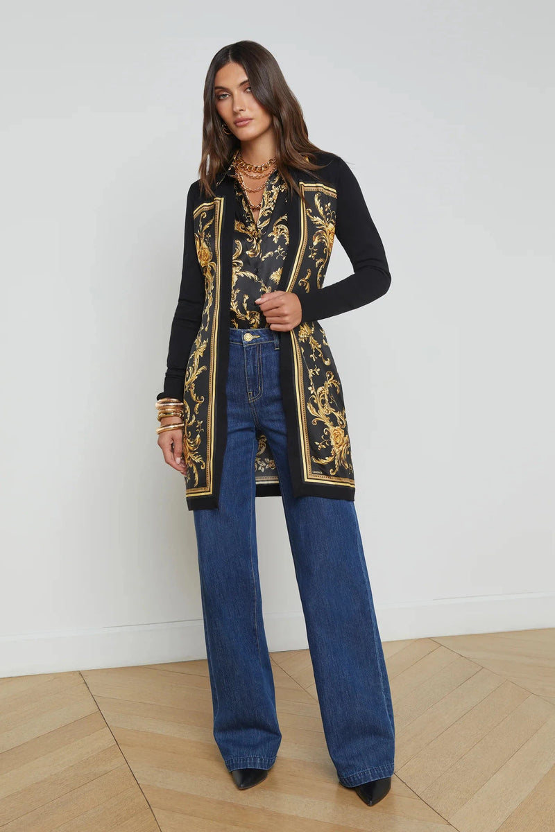 L'AGENCE BEVERLY SILK PANEL CARDIGAN IN BLACK/GOLD