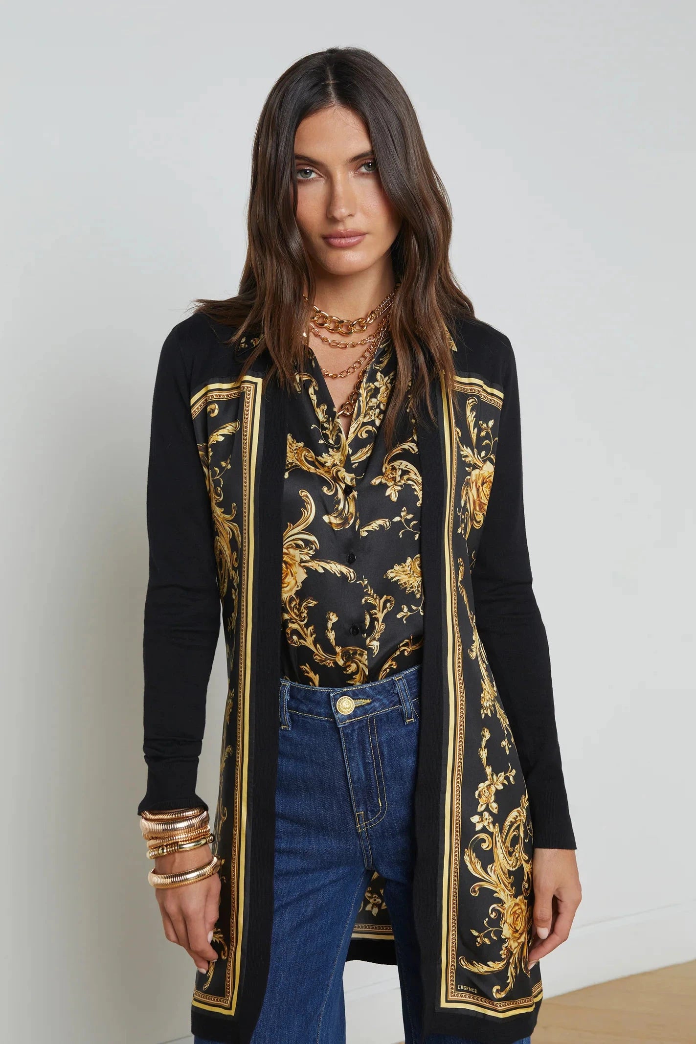 L'AGENCE BEVERLY SILK PANEL CARDIGAN IN BLACK/GOLD