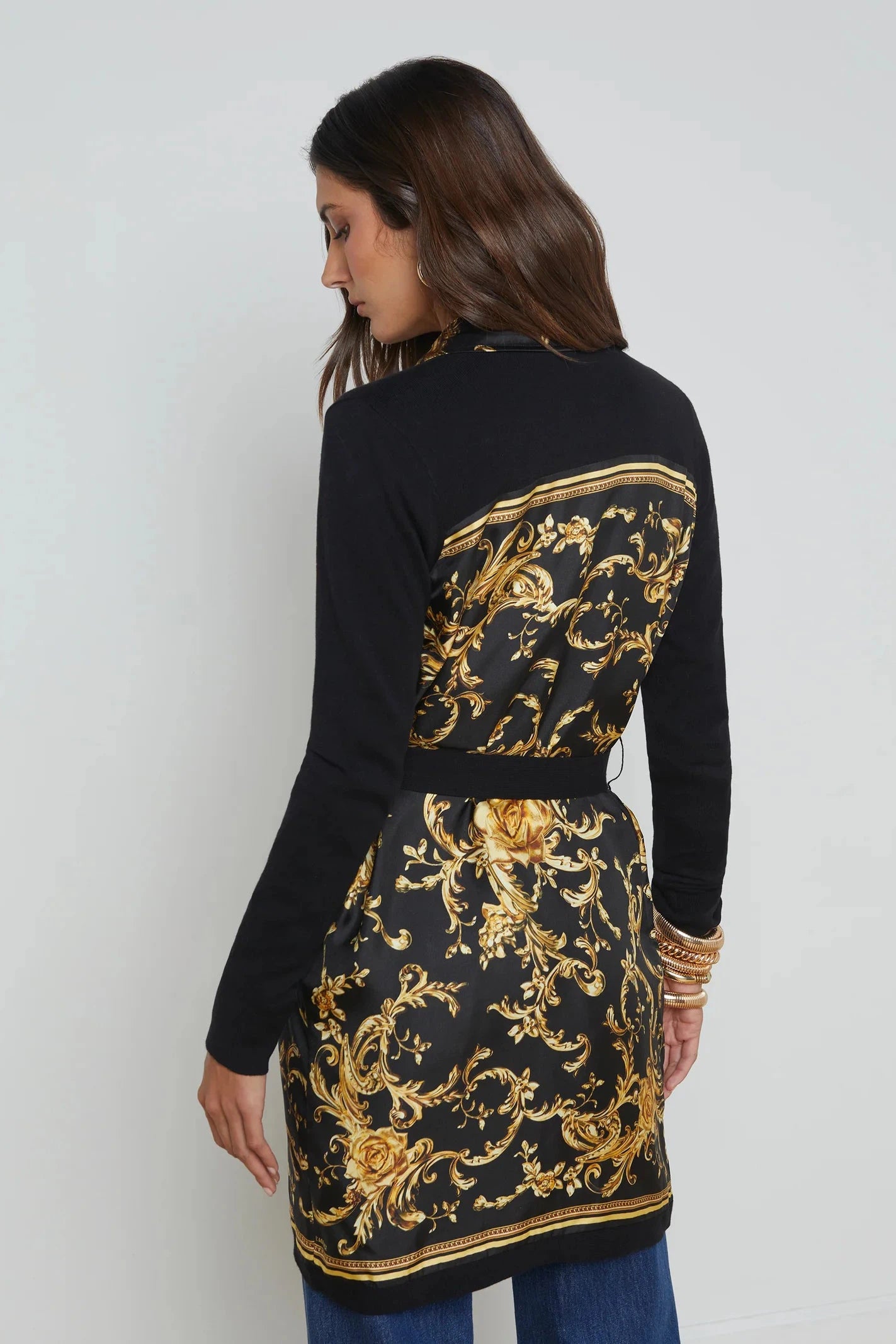 L'AGENCE BEVERLY SILK PANEL CARDIGAN IN BLACK/GOLD