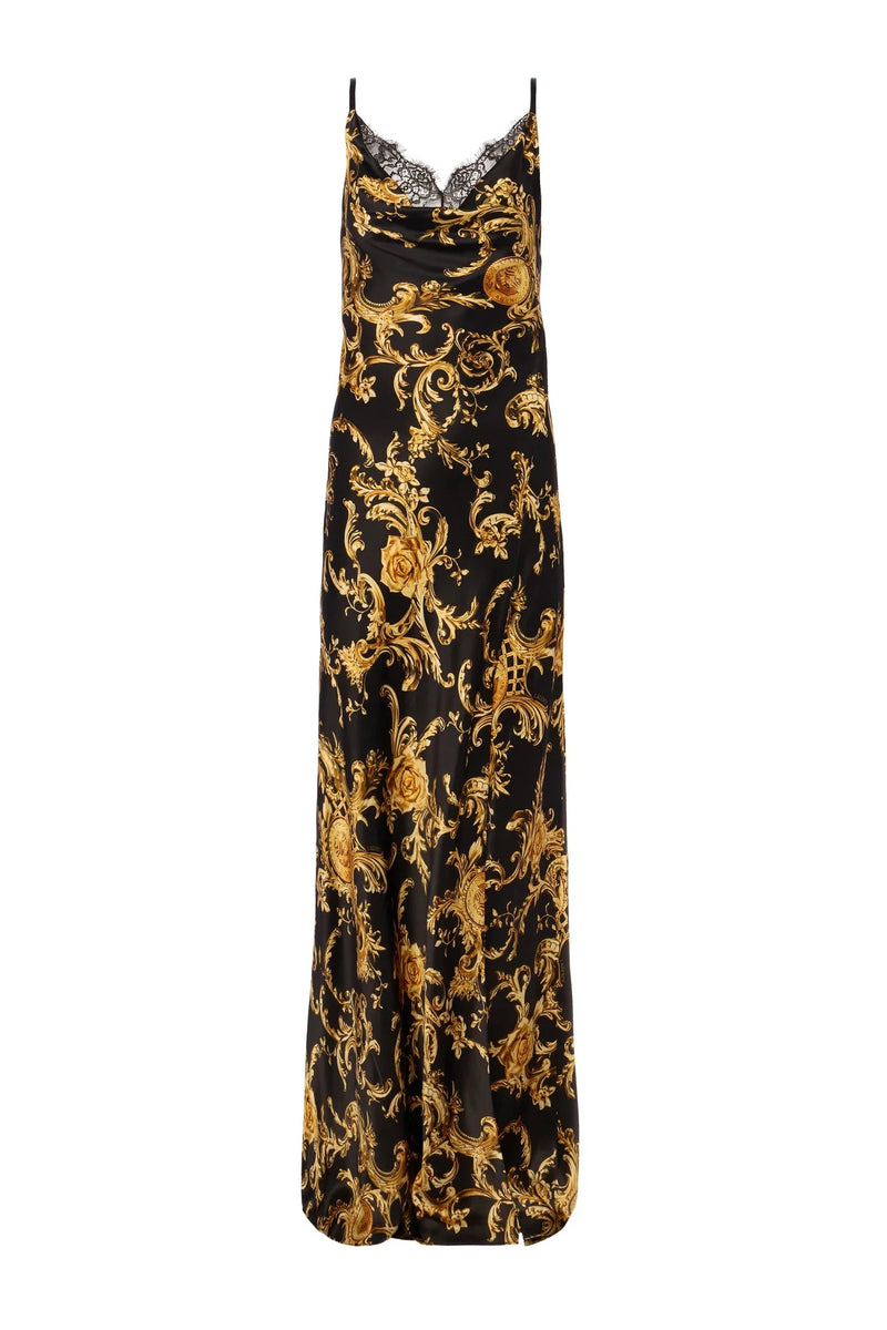 L'AGENCE VENICE COWL LACE NECK GOWN IN BLACK/GOLD LARGE BAROCCO SWIRL