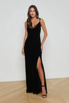 L'AGENCE VENICE COWL NECK VELVET LACE GOWN IN BLACK