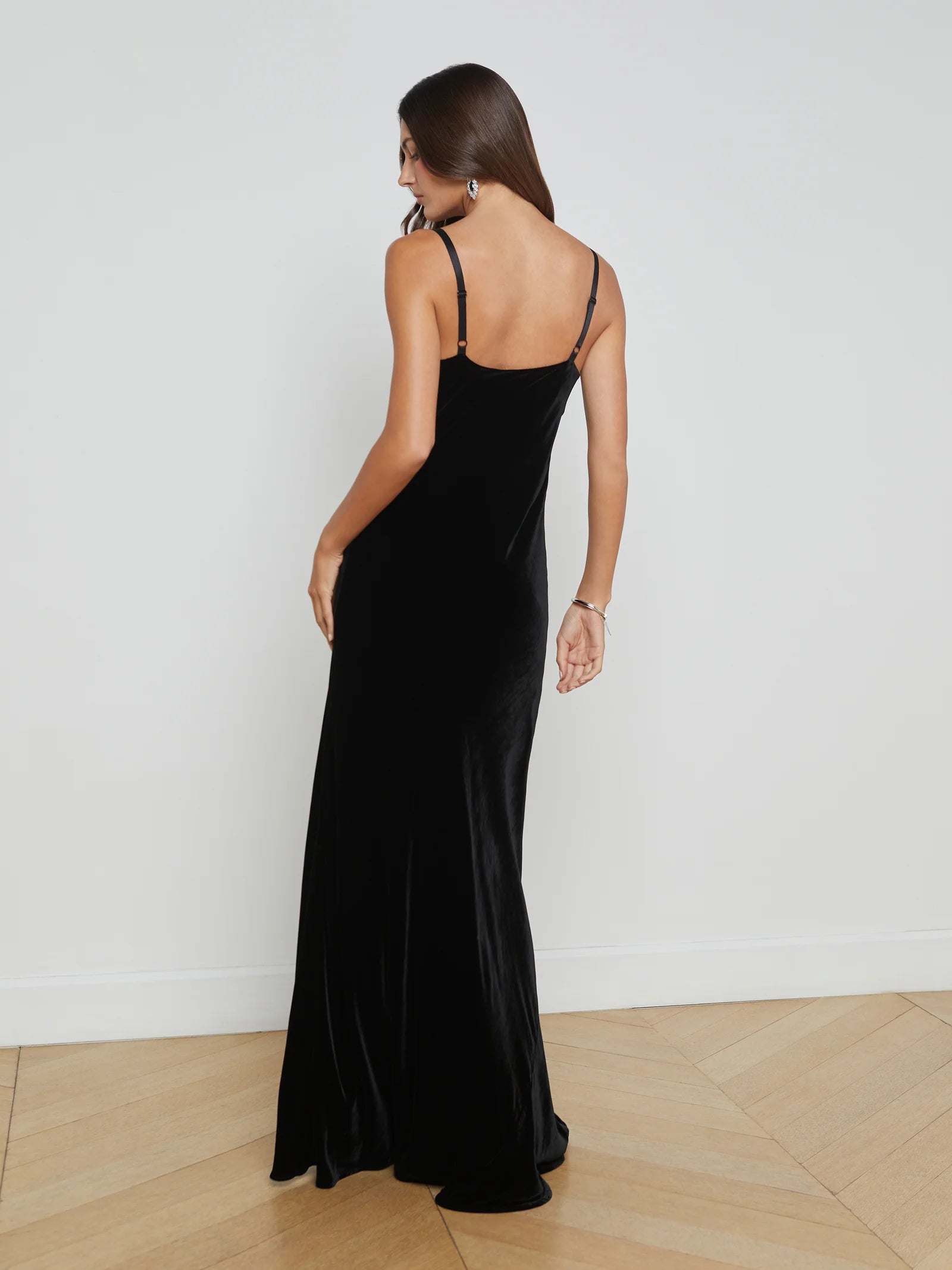 L'AGENCE VENICE COWL NECK VELVET LACE GOWN IN BLACK