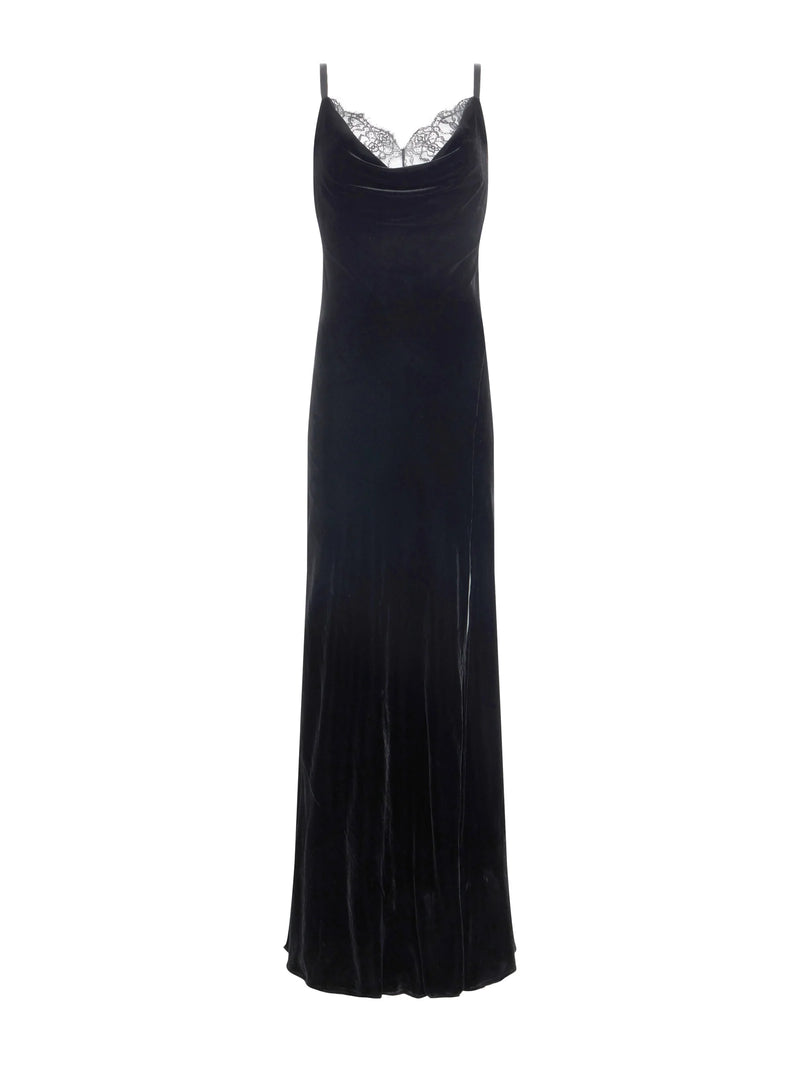 L'AGENCE VENICE COWL NECK VELVET LACE GOWN IN BLACK