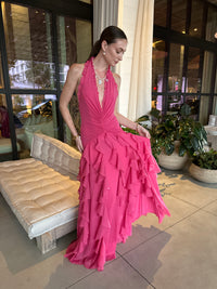 PATBO SILK PLISSE PLUNGE GOWN IN PINK