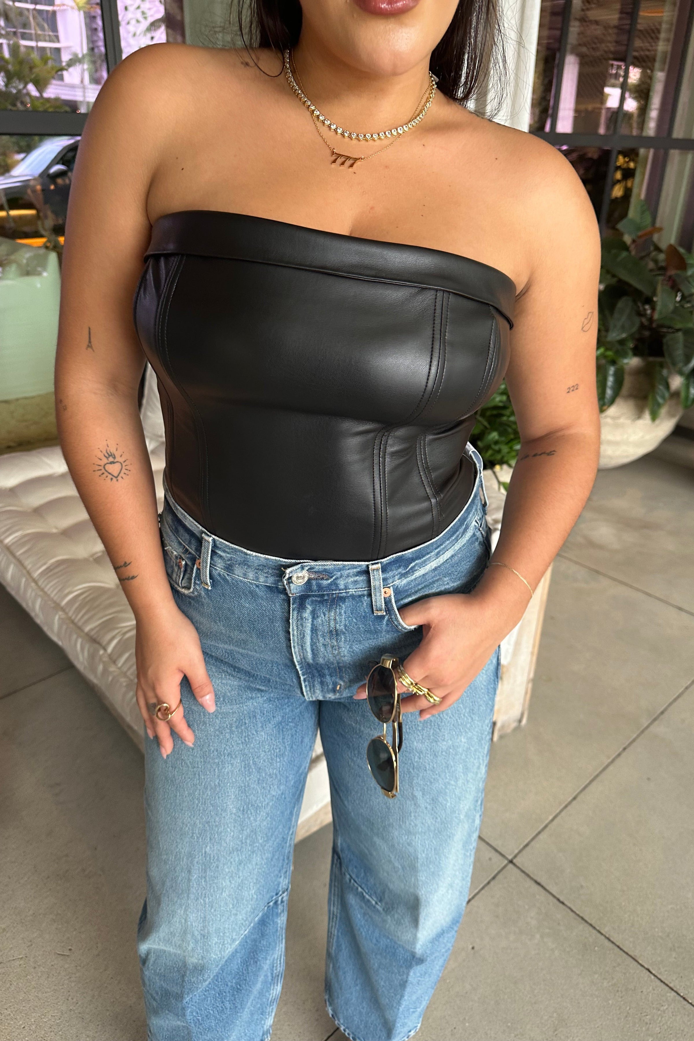 SUSANA MONACO FAUX LEATHER CORSET TUBE TOP IN BLACK