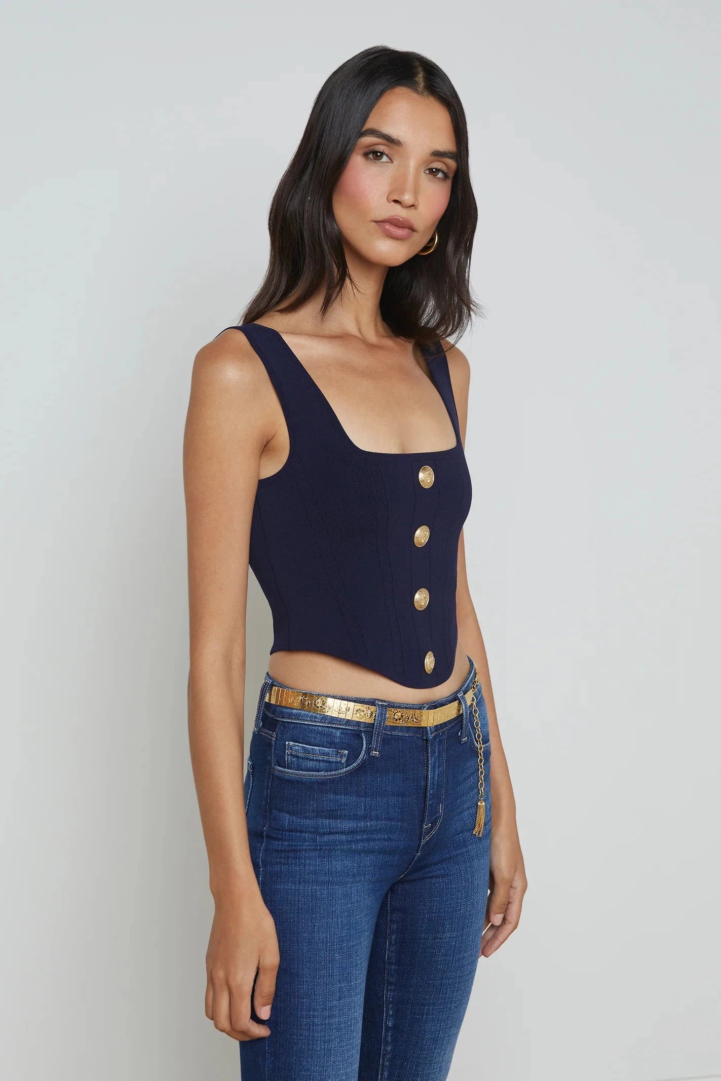 L'AGENCE SAGA SQUARE NECK CORSET IN MIDNIGHT/ GOLD