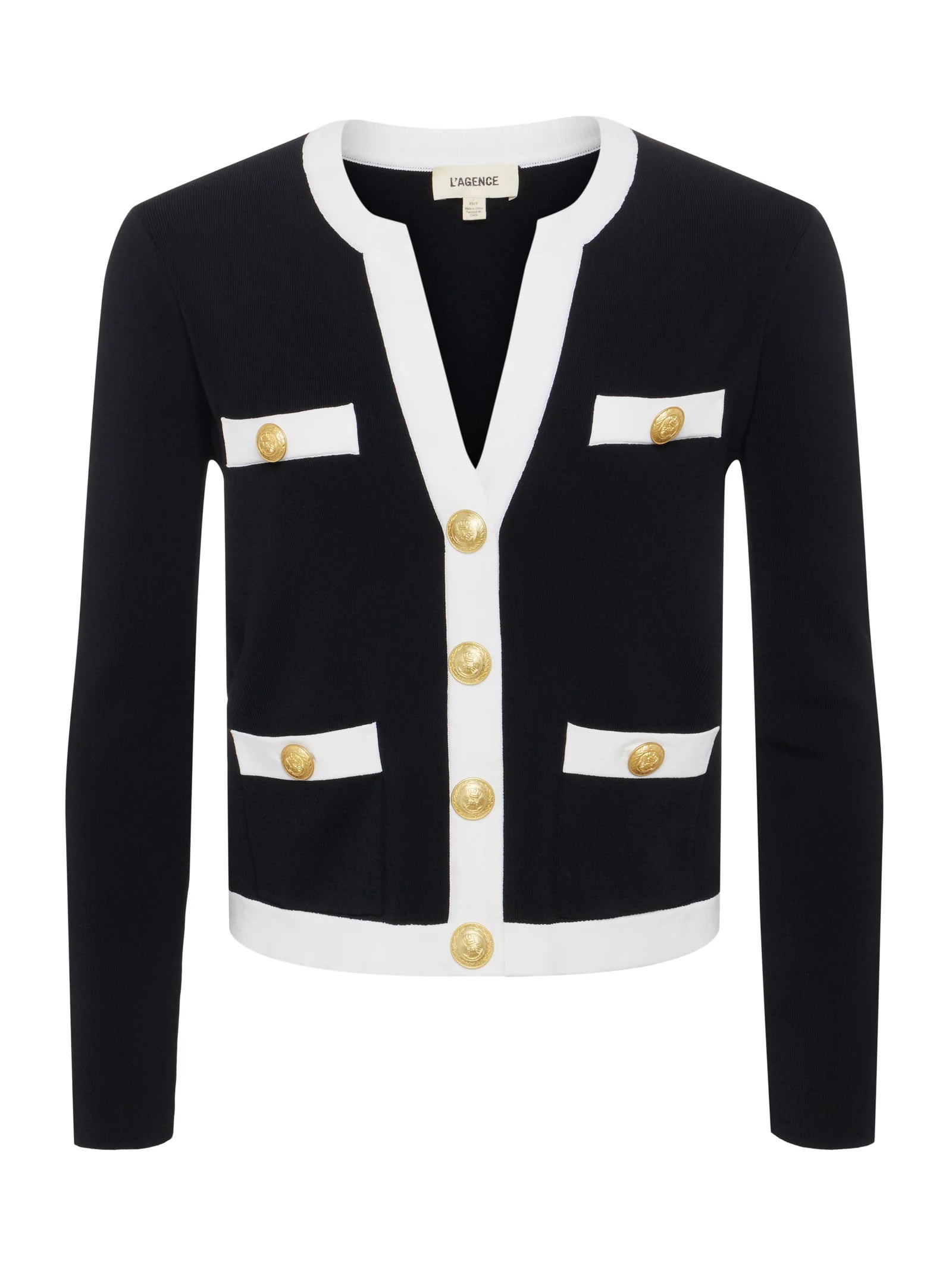 L'AGENCE ESTEFANIA CONTRAST TRIM CARDIGAN IN BLACK/ WHITE