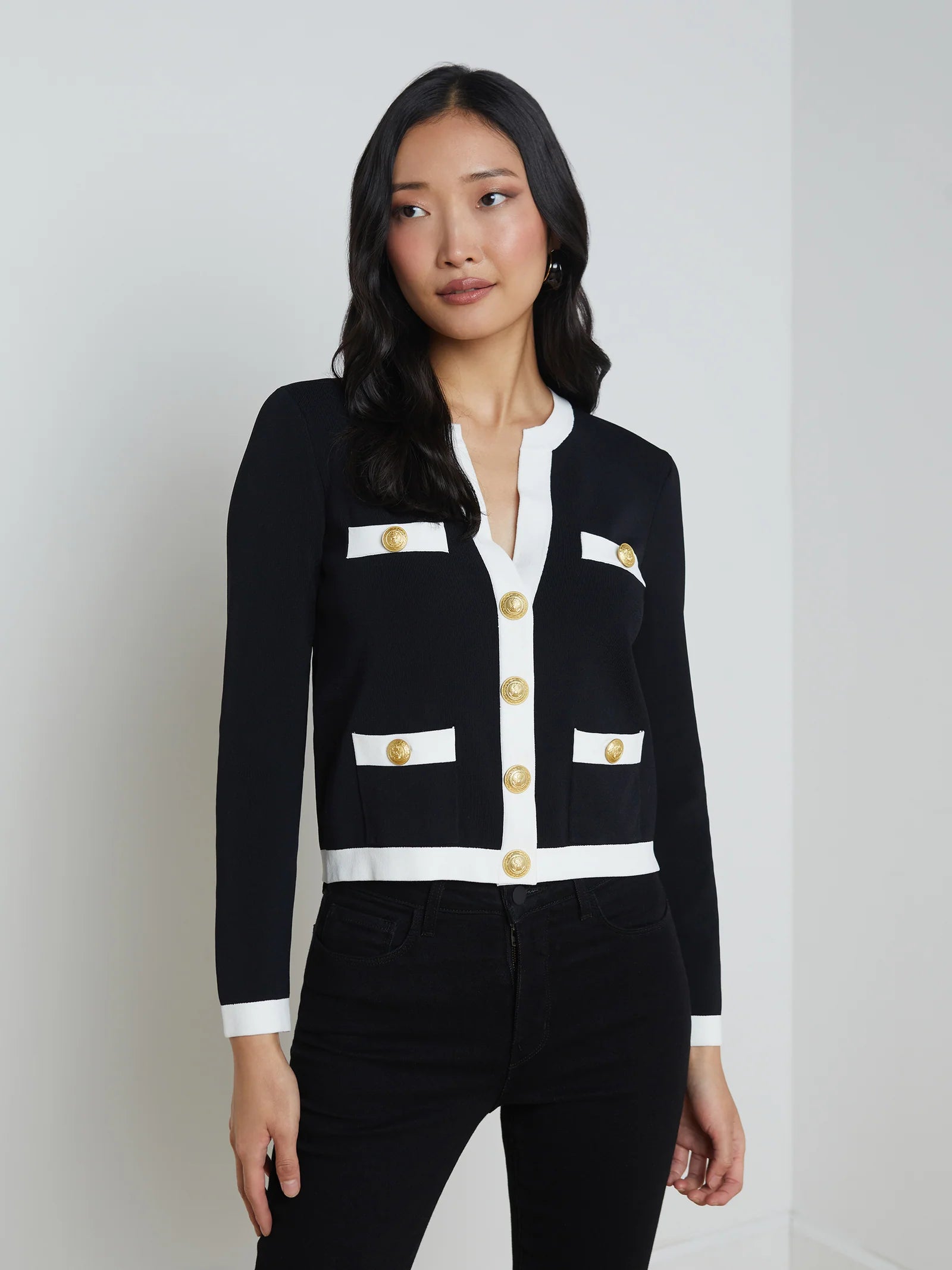 L'AGENCE ESTEFANIA CONTRAST TRIM CARDIGAN IN BLACK/ WHITE