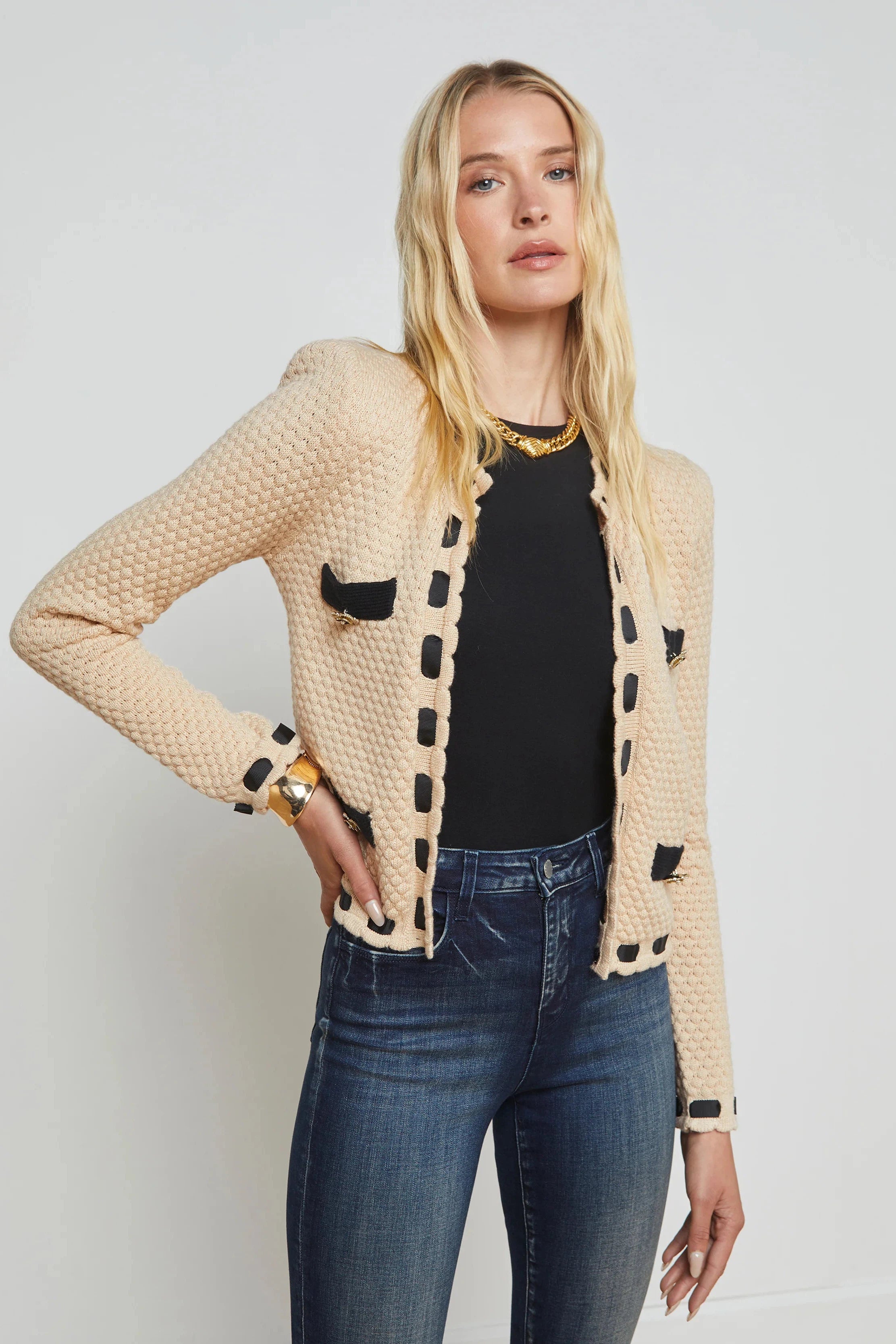 L'AGENCE ASTOR CONTRAST TRIM CARDIGAN IN BISCUIT/ BLACK