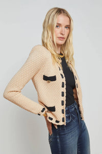 L'AGENCE ASTOR CONTRAST TRIM CARDIGAN IN BISCUIT/ BLACK