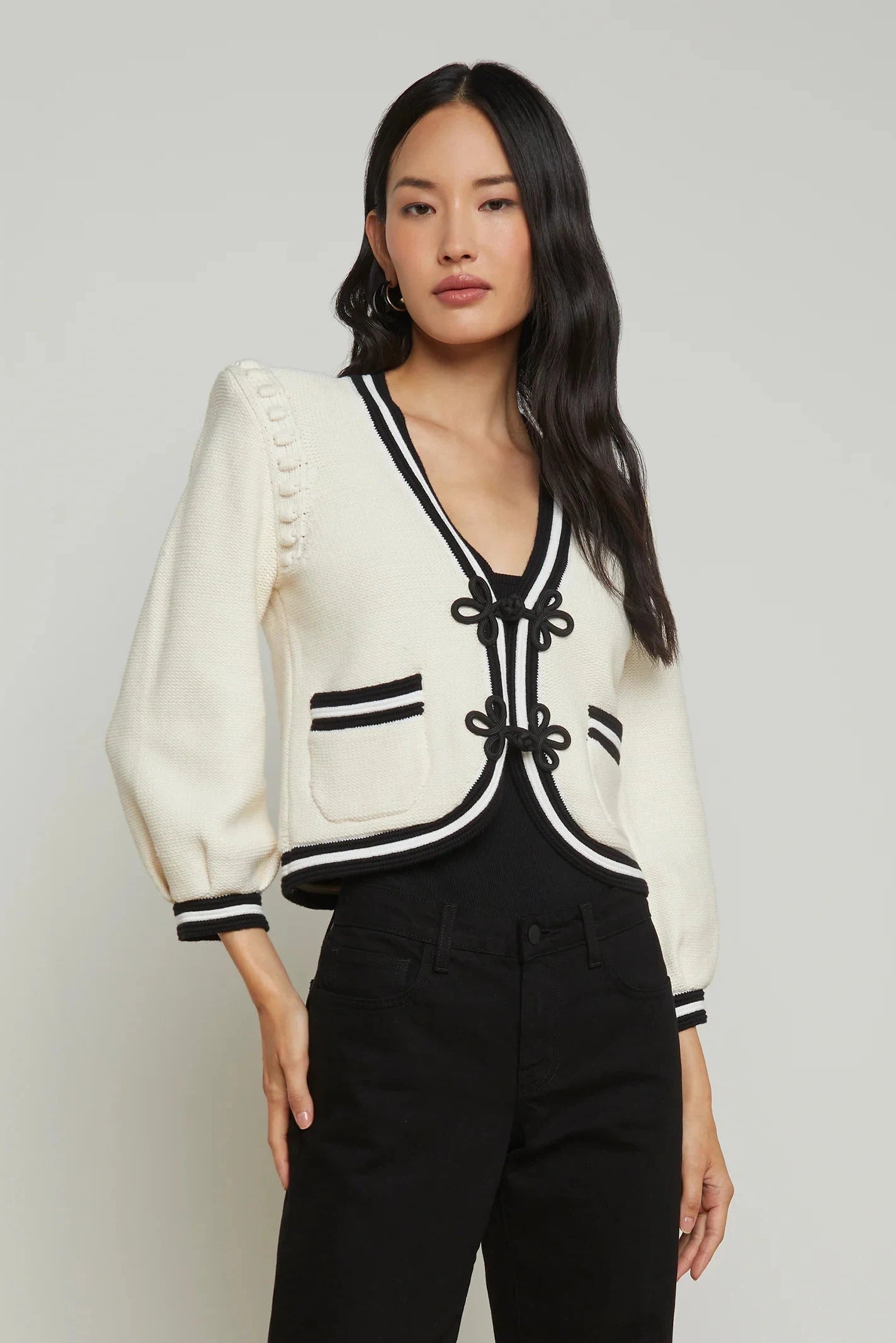 L'AGENCE KAITO CROPPED CARDIGAN IN IVORY/BLACK