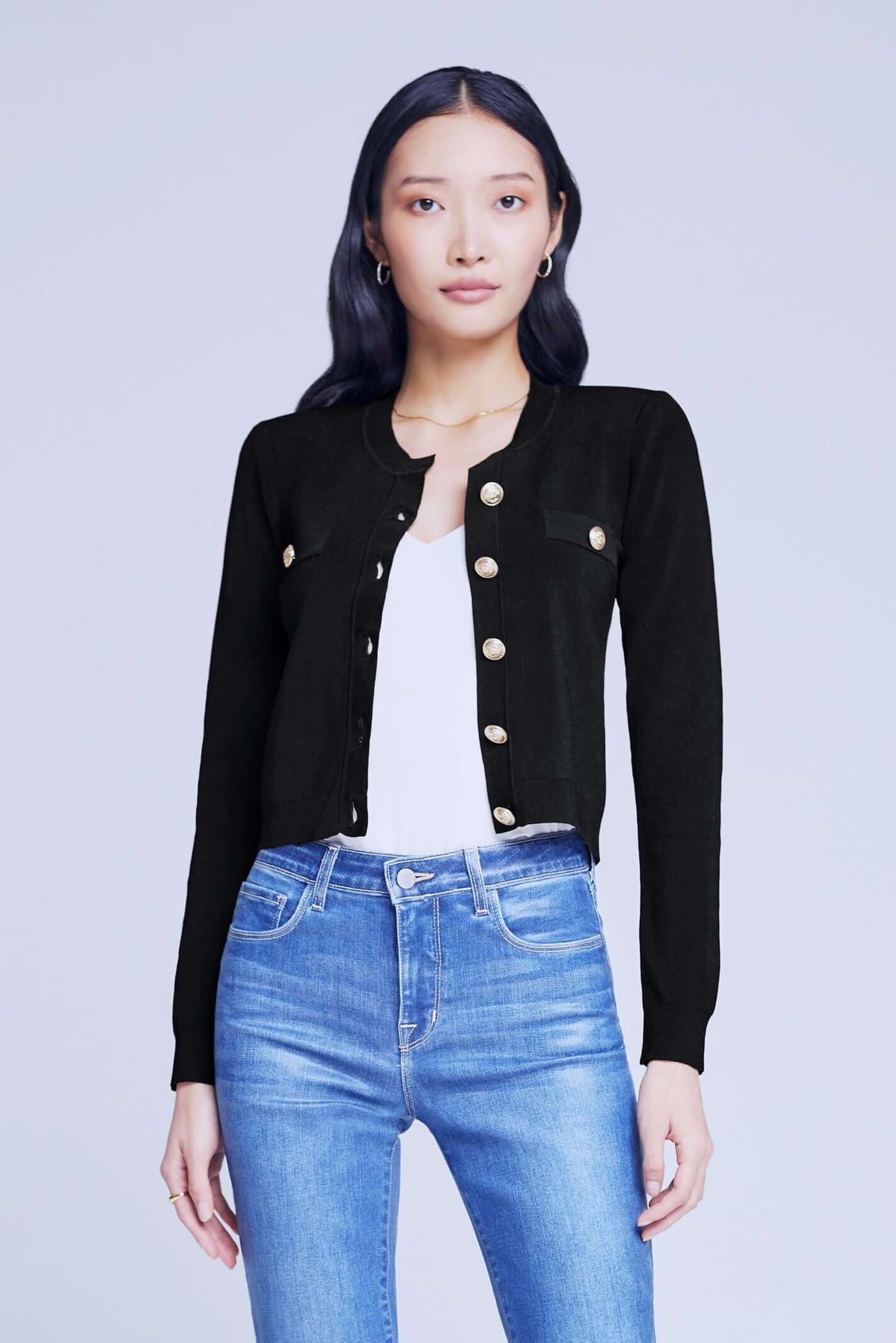 L'AGENCE TOULOUSE CROP CARDIGAN IN BLACK