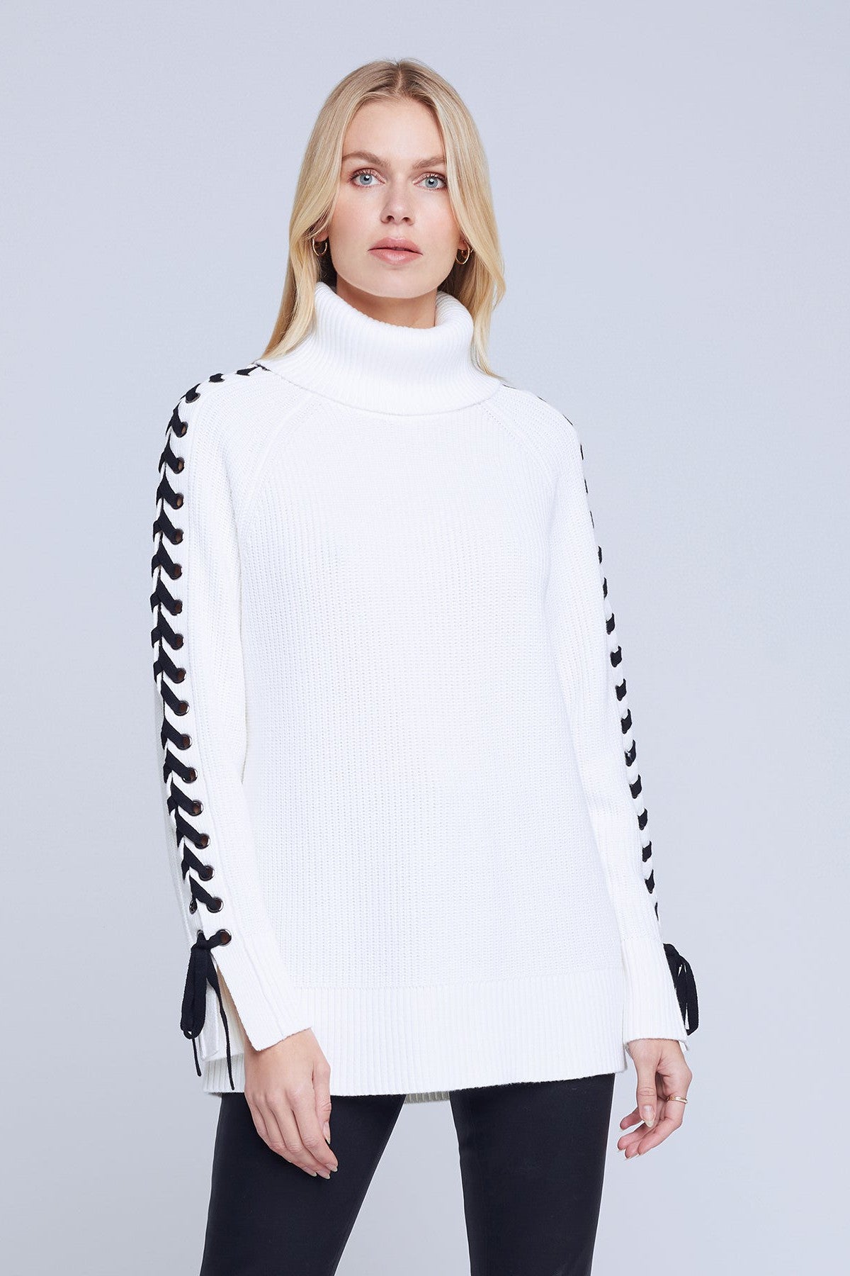 L'AGENCE NOLA LACE UP SWEATER IN IVORY/BLACK