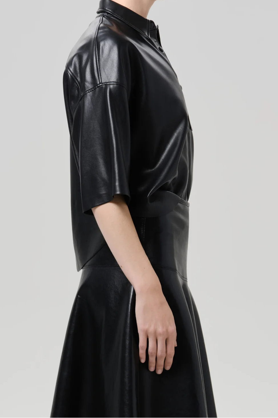 FRANCES CROPPED CAPE RECYCLED LEATHER BUTTON UP