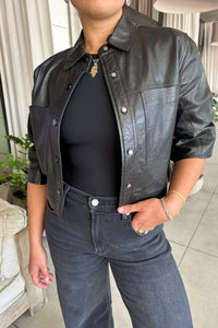 LA MARQUE CAROLINA CROPPED RUFFLE SLEEVE LEATHER JACKET