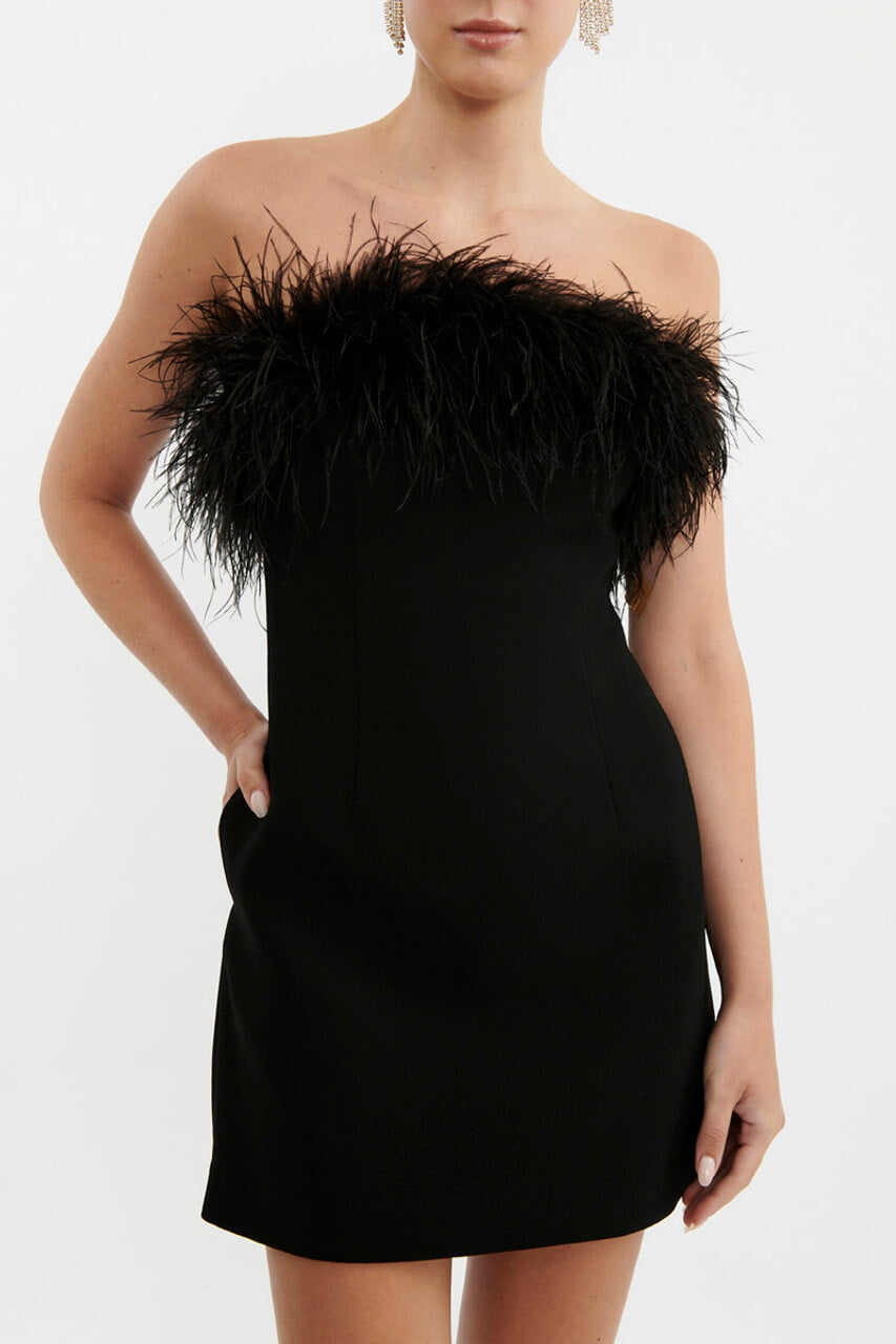 REBECCA VALLANCE AFTER HOURS FEATHER MINI DRESS IN BLACK