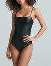 COMMANDO FAUX LEATHER CAMI BODYSUIT IN BLACK