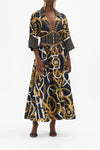CAMILLA SHAPED WAISTBAND MIDI DRESS IN COAST TO COAST