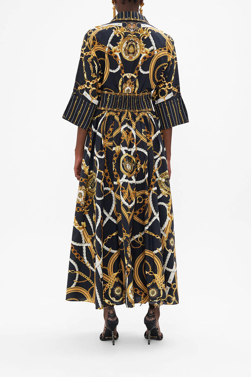 CAMILLA SHAPED WAISTBAND MIDI DRESS IN COAST TO COAST