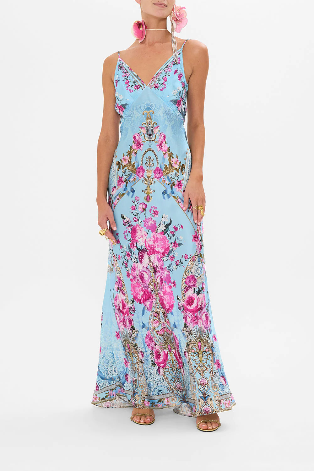 CAMILLA V NECK LONG BIAS SLIP DRESS WITH TRAIN IN DOWN THE GARDEN PATH