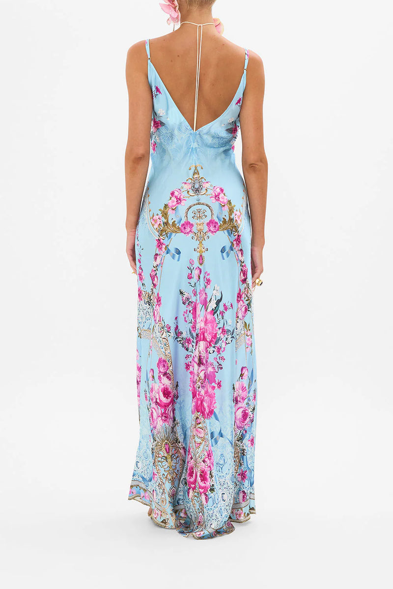 CAMILLA V NECK LONG BIAS SLIP DRESS WITH TRAIN IN DOWN THE GARDEN PATH
