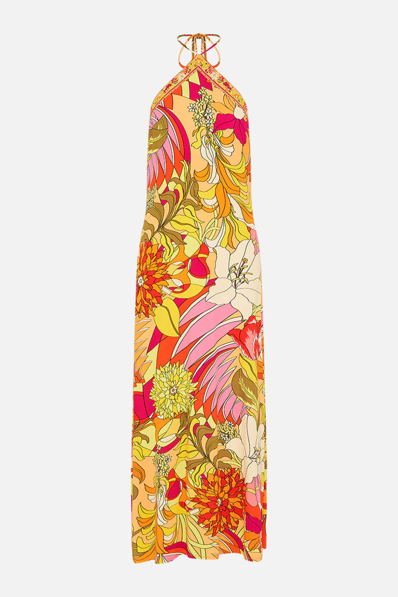 CAMILLA LONG JERSEY HALTER DRESS IN THE FLOWER CHILD SOCIETY