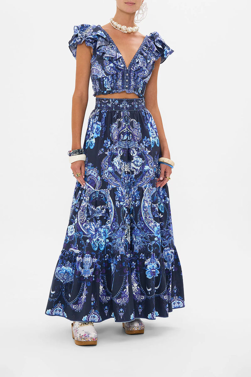 CAMILLA HIGH WAISTED TIERED SKIRT IN DELFT DYNASTY