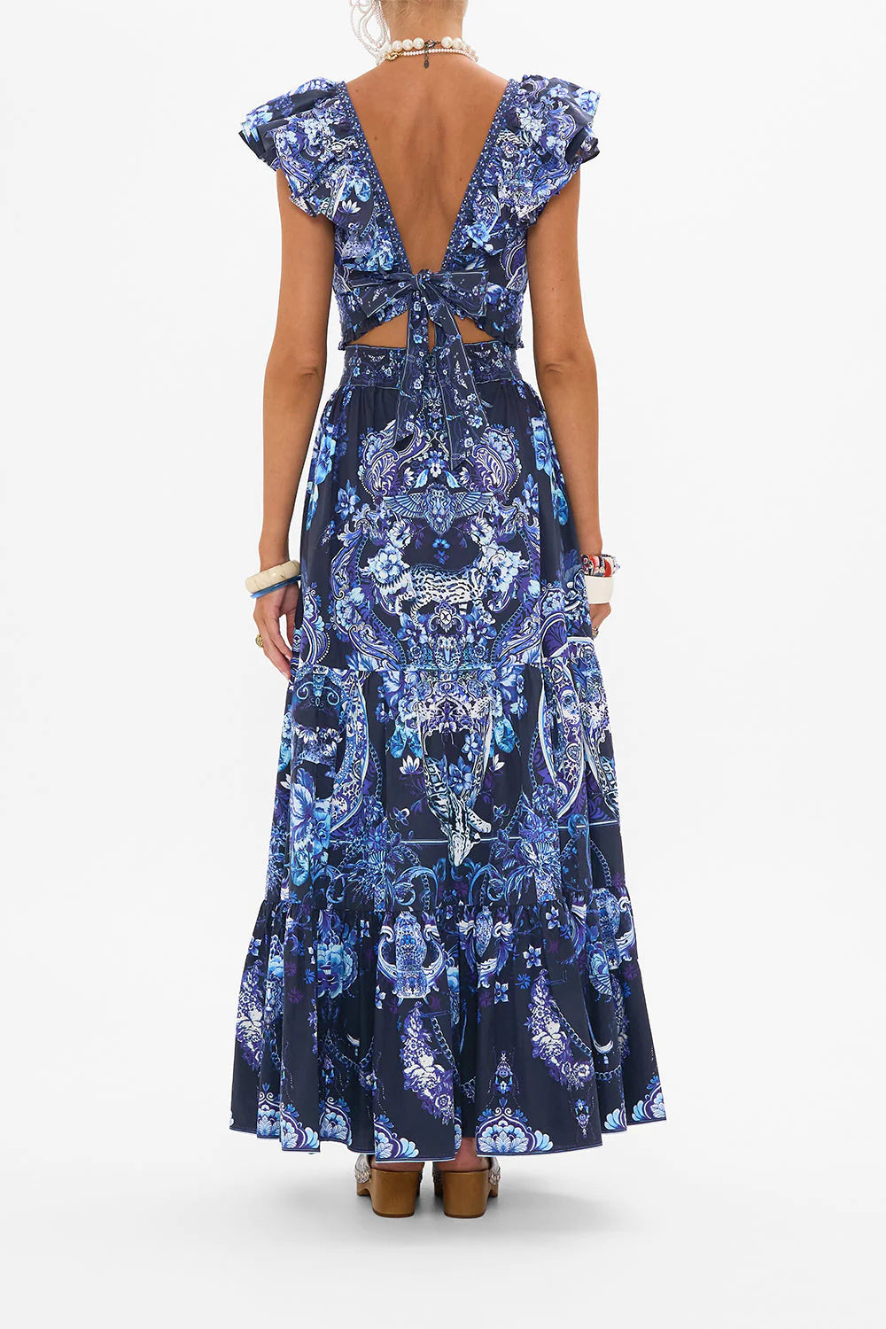 CAMILLA DEEP V FRILL SHORT SLEEVE TOP IN DELFT DYNASTY