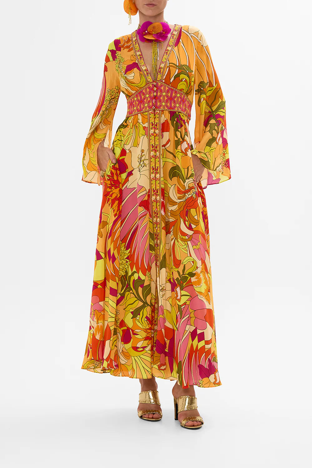 CAMILLA KIMONO SLEEVE DRESS WITH SHIRRING DETAIL IN THE FLOWER CHILD SOCIETY