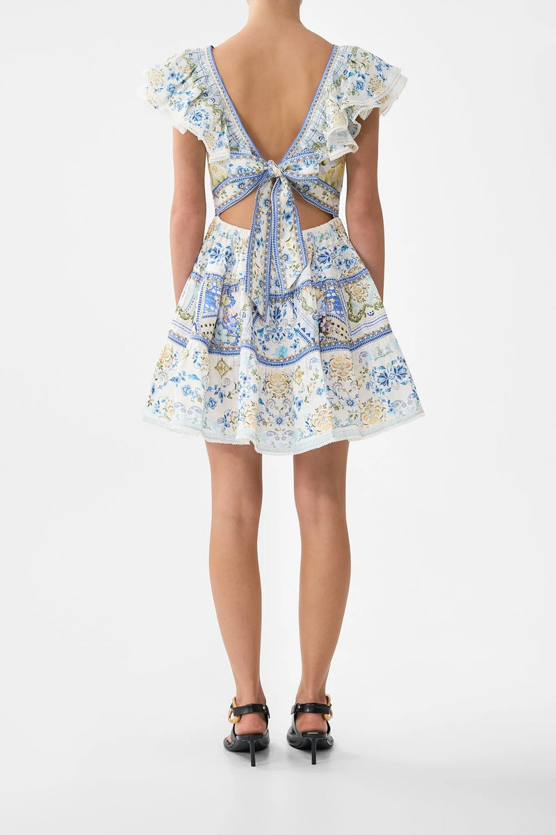 TIERED SHORT DRESS WITH NECK FRILL