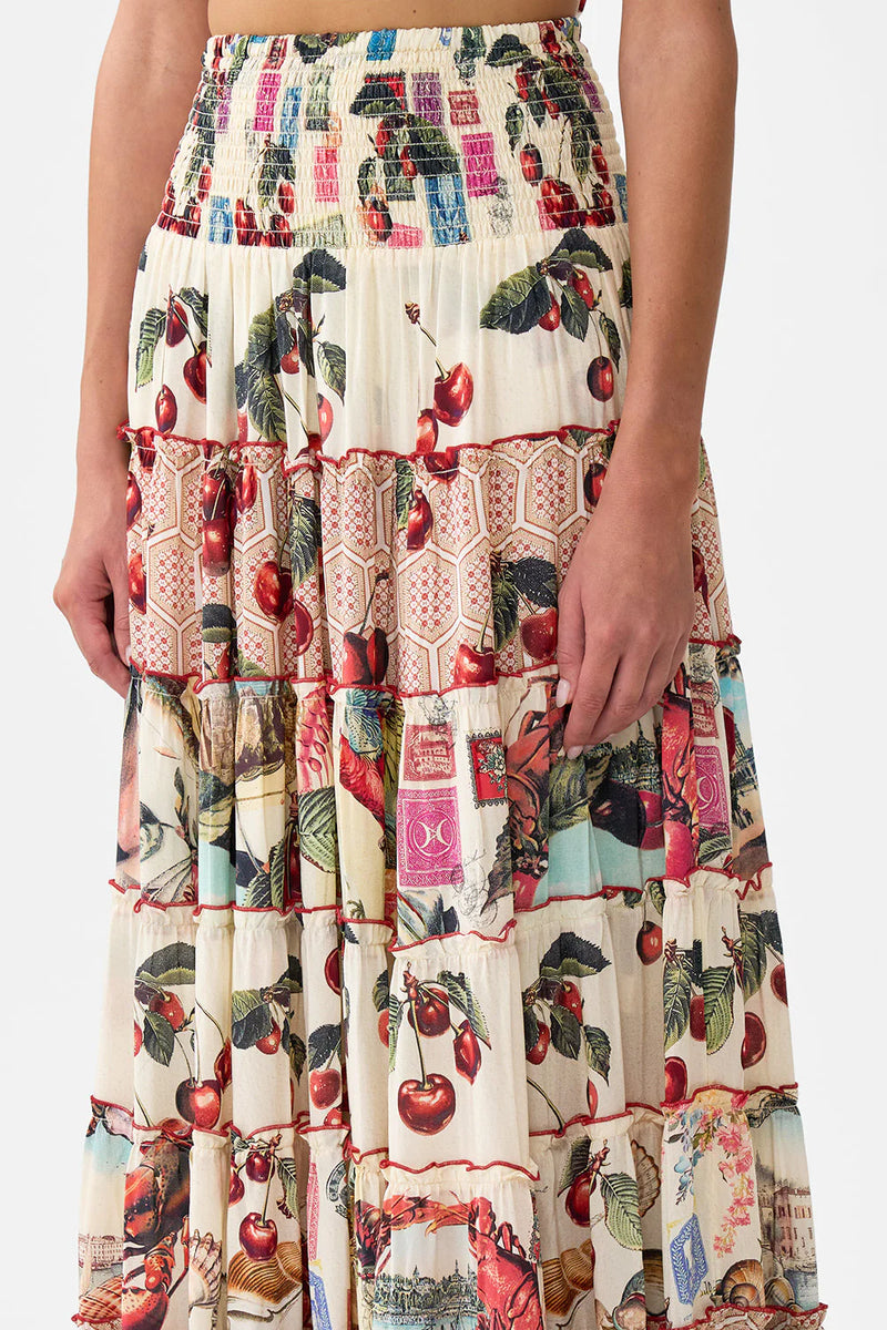 SHIRRED WAIST TIERED CIRCLE SKIRT