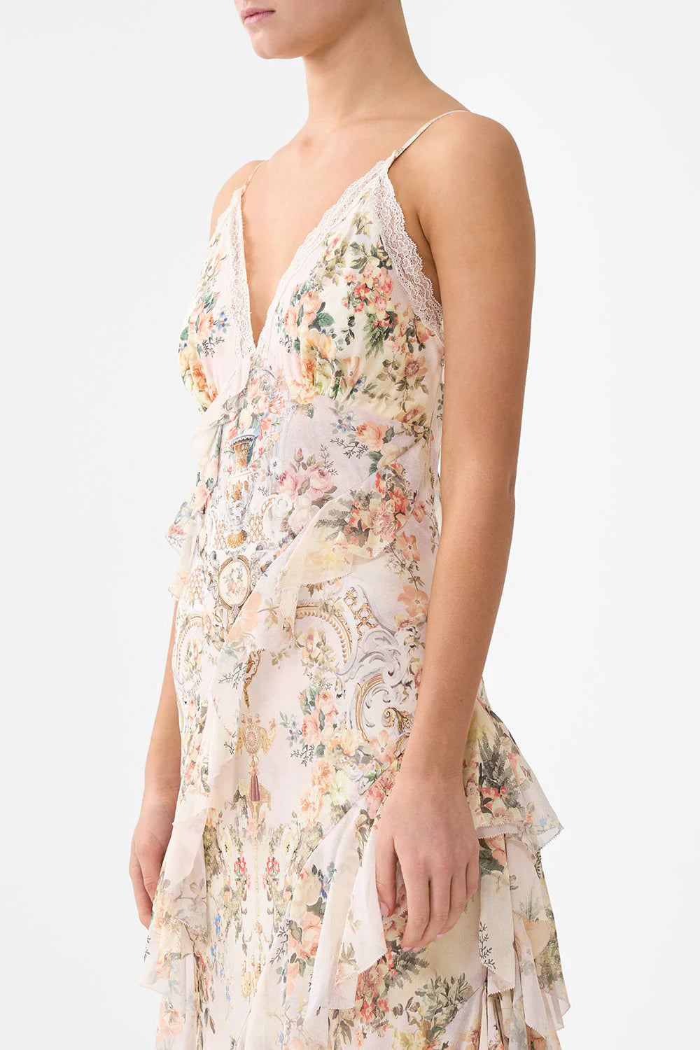 ASYMMETRICAL RUFFLE SLIP DRESS