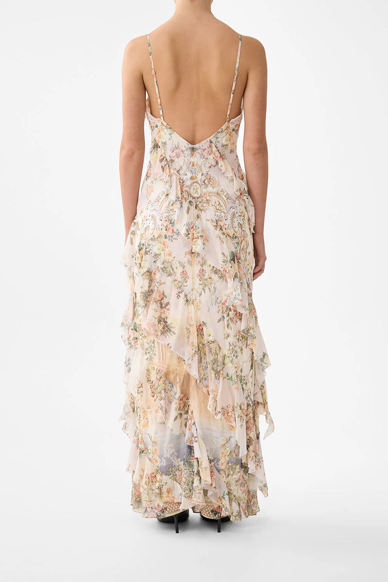 ASYMMETRICAL RUFFLE SLIP DRESS