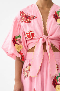 TIE FRONT PUFF SLEEVE TOP