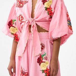 TIE FRONT PUFF SLEEVE TOP