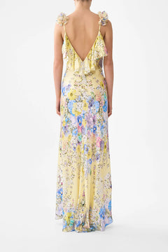 V NECK BIAS SLIP DRESS WITH BACK FRILL