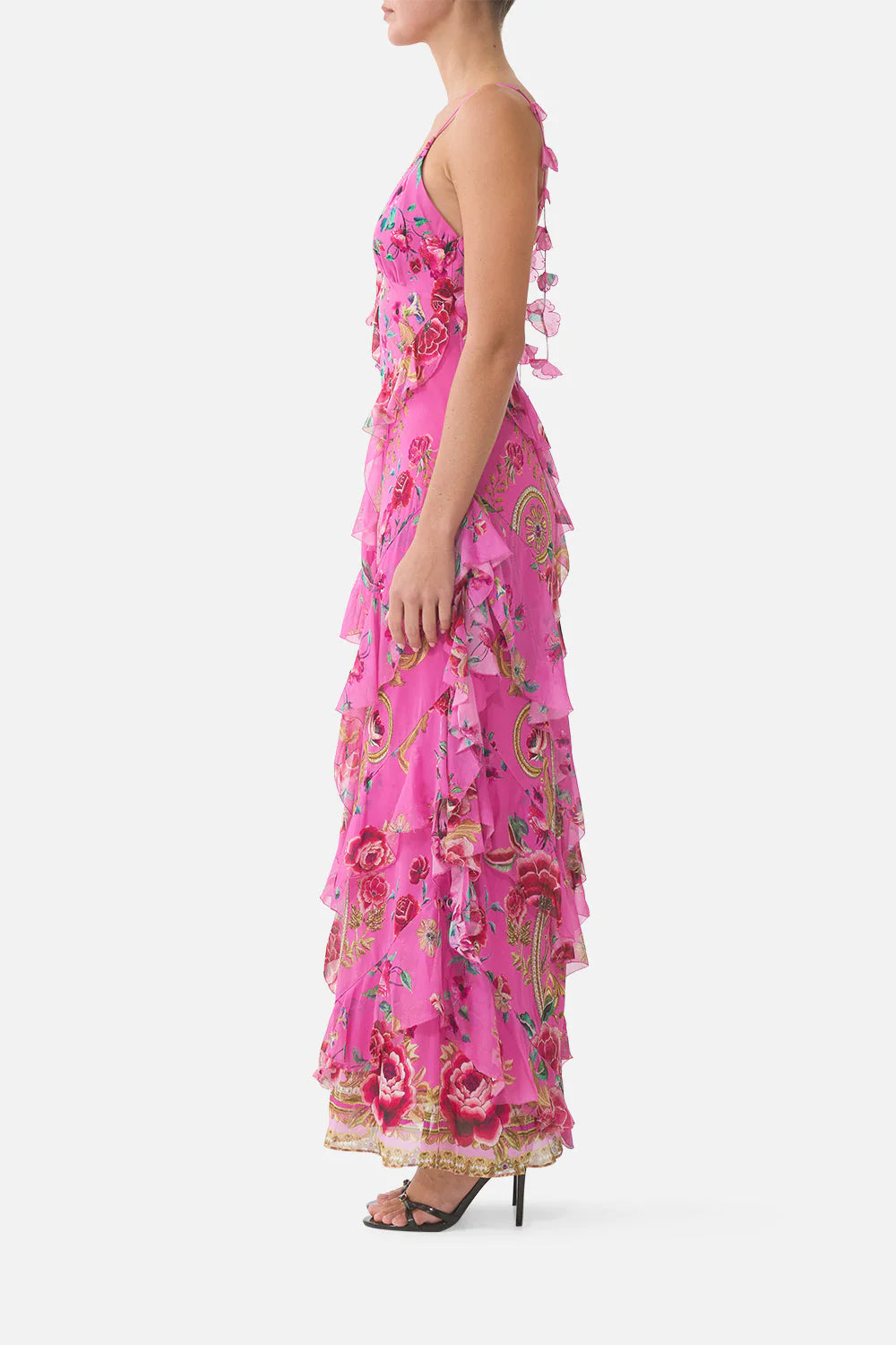 ASYMMETRICAL RUFFLE SLIP DRESS