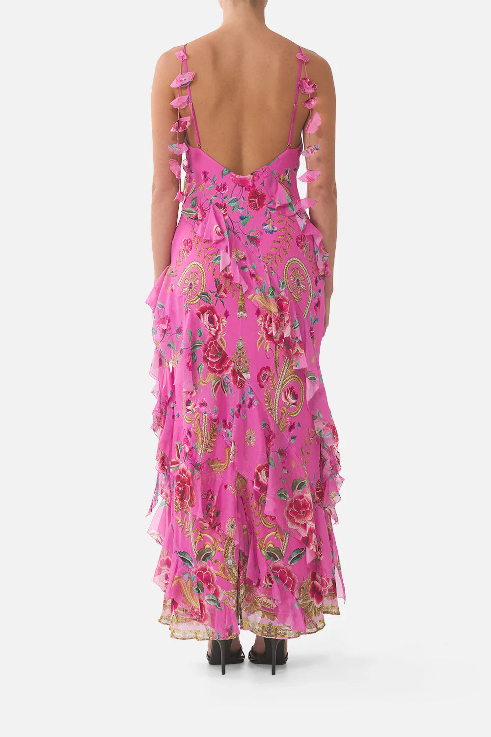 Camilla Asymmetrical Ruffle Slip Dress in Pink