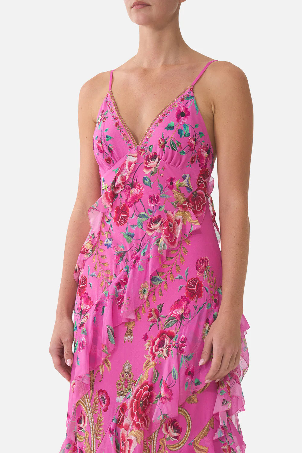 ASYMMETRICAL RUFFLE SLIP DRESS