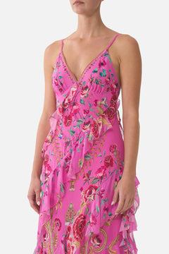 ASYMMETRICAL RUFFLE SLIP DRESS