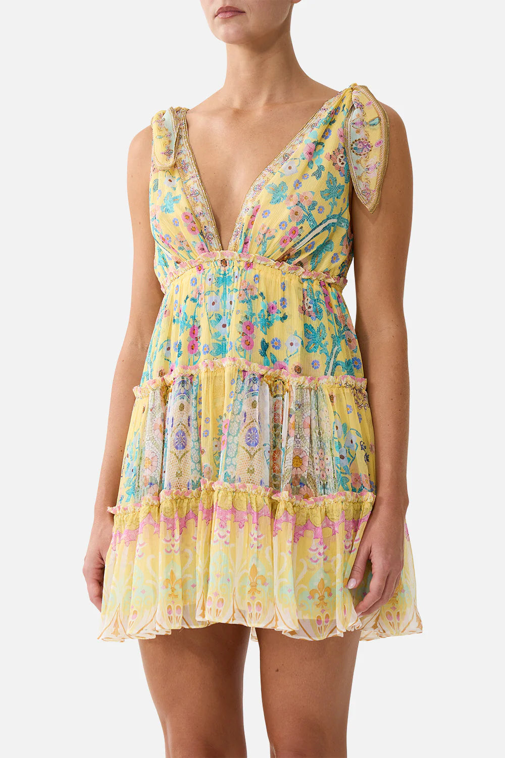 TIERED SHORT DRESS WITH SHOULDER TIES