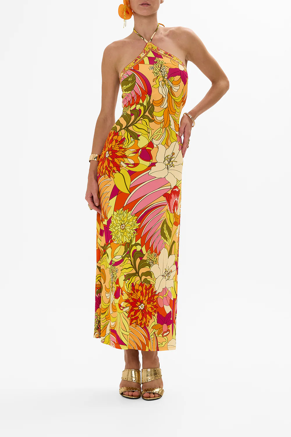 CAMILLA LONG JERSEY HALTER DRESS IN THE FLOWER CHILD SOCIETY – Big Drop NYC