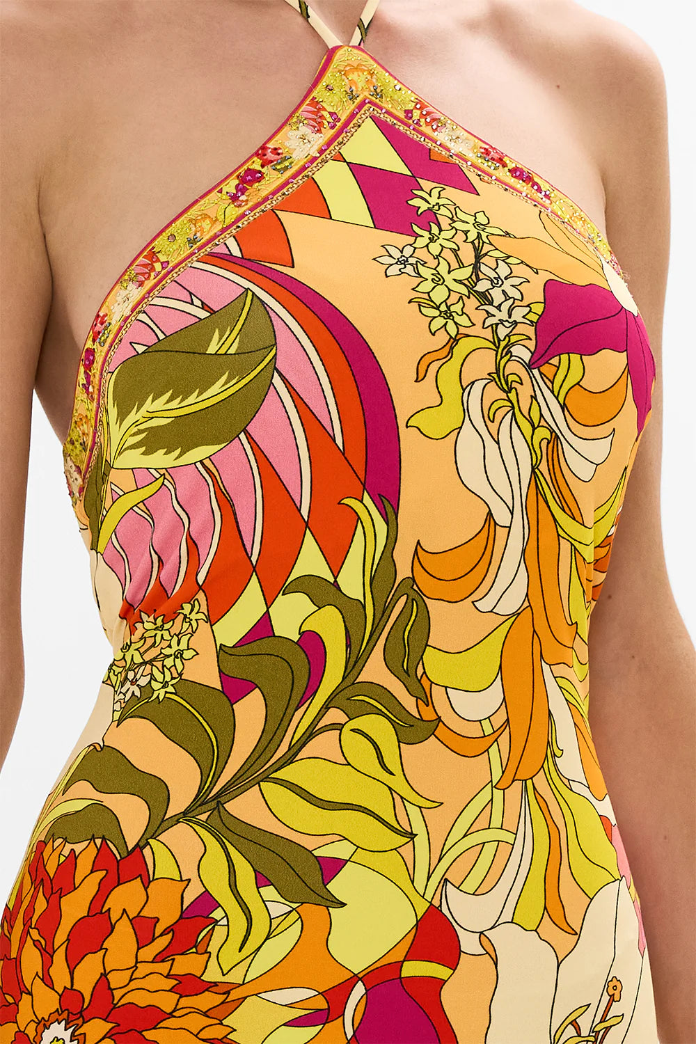 CAMILLA LONG JERSEY HALTER DRESS IN THE FLOWER CHILD SOCIETY