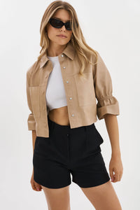 LA MARQUE CAROLINA LEATHER RUFFLE SLEEVE JACKET IN BEIGE