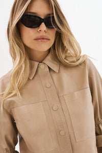 LA MARQUE CAROLINA LEATHER RUFFLE SLEEVE JACKET IN BEIGE