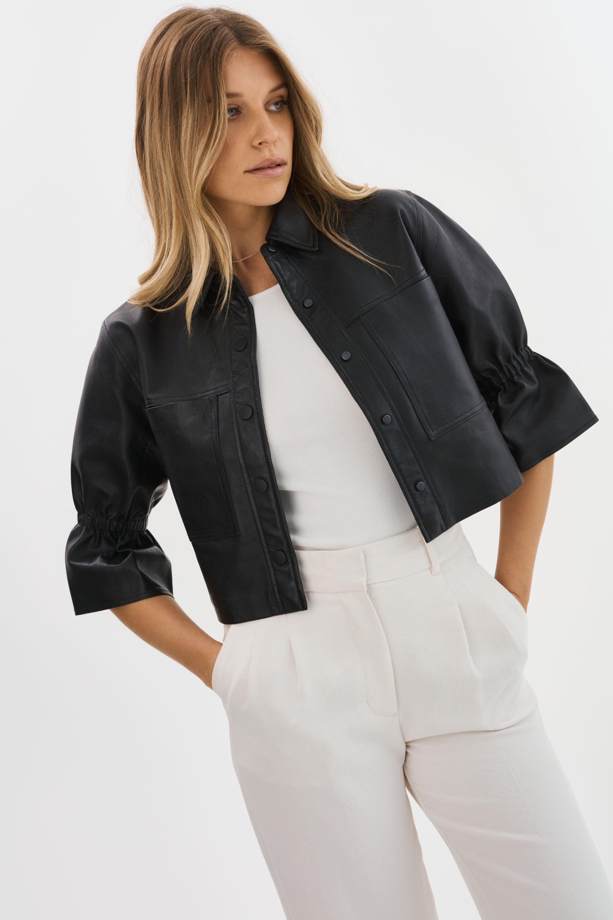 LA MARQUE CAROLINA CROPPED RUFFLE SLEEVE LEATHER JACKET